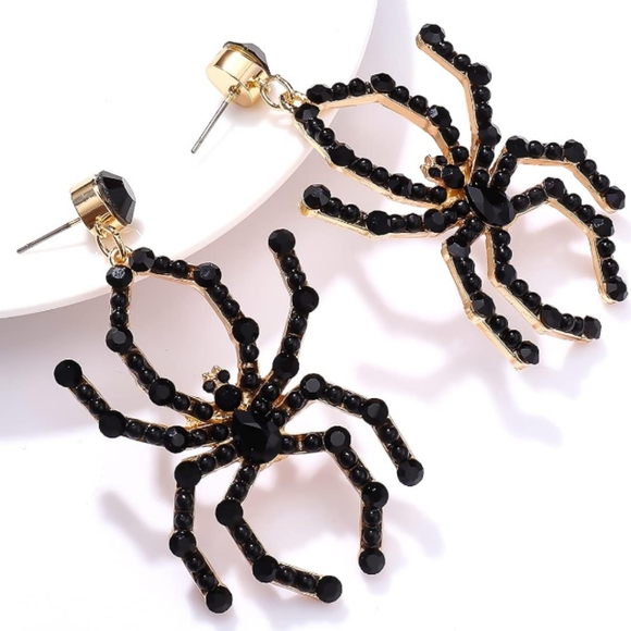 Black Rhinestone Spiders CZ Crystal Post Earrings Gothic Spider Rhinestones New - Picture 4 of 7